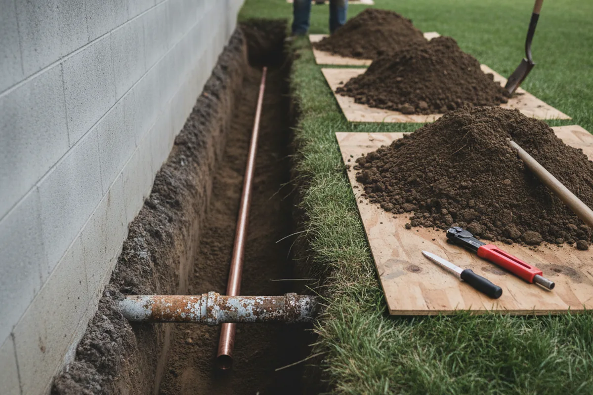 Excavated water line trench during Water Softener Installation in Bondville